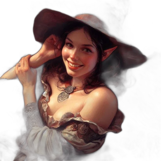 hat, dress, face, jewelry, photorealistic, oil painting, fantasy art, concept art transparent PNG cut-out