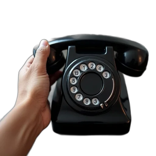 3d render, photorealistic, hand, holding, black, rotary, dial, telephone transparent PNG cut-out