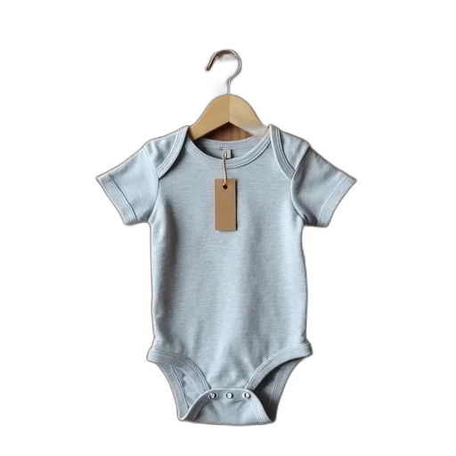 grey, onesie, tag, front, hanging, wooden, hanger, against transparent PNG cut-out
