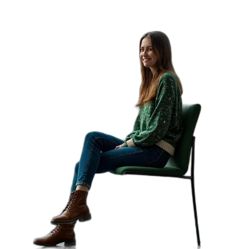 furniture, staff, jacket, dress, green, person, sitting, chair transparent PNG cut-out