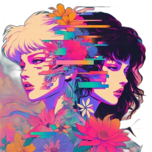 flower, face, vaporwave, cyberpunk, anime, pixel art, neon lights, outer space transparent PNG cut-out
