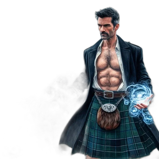 concept art, comic book art, cyberpunk, fantasy art, kilted, man, stands, near transparent PNG cut-out
