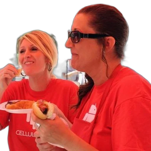 staff, two, women, red, shirts, eat, hot, dogs transparent PNG cut-out