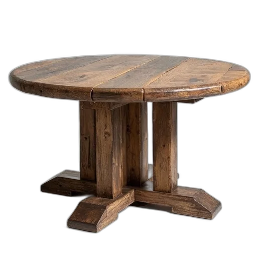 furniture, 3d render, rustic, wooden, table, round, top, circular transparent PNG cut-out