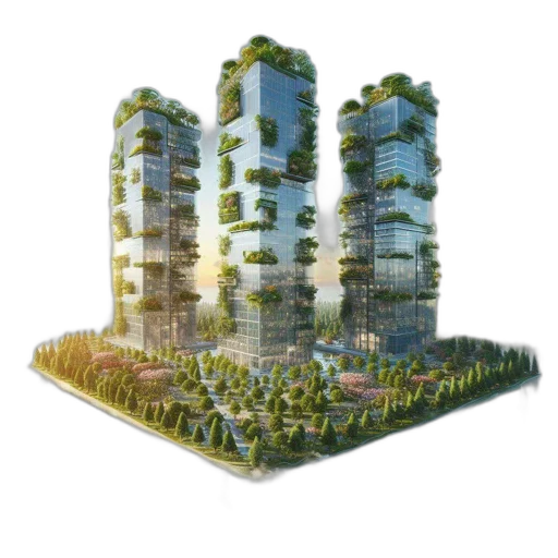 building, 3d render, concept art, photorealistic, three, tall, eco-friendly, skyscrapers transparent PNG cut-out