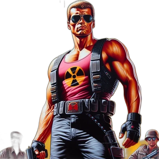 weapon, comic book art, cyberpunk, concept art, pixel art, muscular, man, wearing transparent PNG cut-out