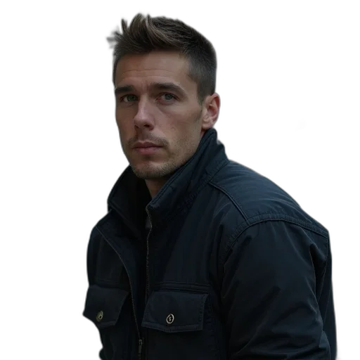 jacket, staff, face, hair, photorealistic, concept art, fog, suspect transparent PNG cut-out