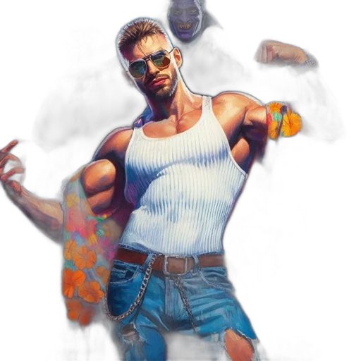 jacket, weapon, concept art, cyberpunk, comic book art, vaporwave, neon lights, neon transparent PNG cut-out