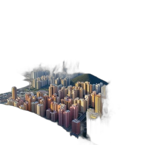 building, 3d render, concept art, photorealistic, pixel art, fog, city street, aerial transparent PNG cut-out