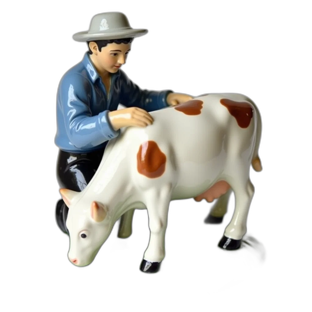 3d render, photorealistic, concept art, ceramic, figurine, farmer, milking, cow transparent PNG cut-out