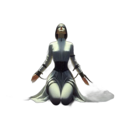 dress, robot, staff, concept art, fantasy art, 3d render, pixel art, monochrome transparent PNG cut-out