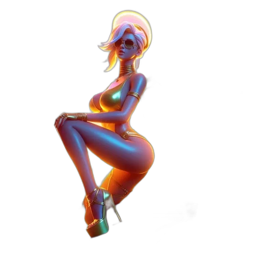 robot, dress, staff, concept art, 3d render, cyberpunk, pixel art, neon lights transparent PNG cut-out