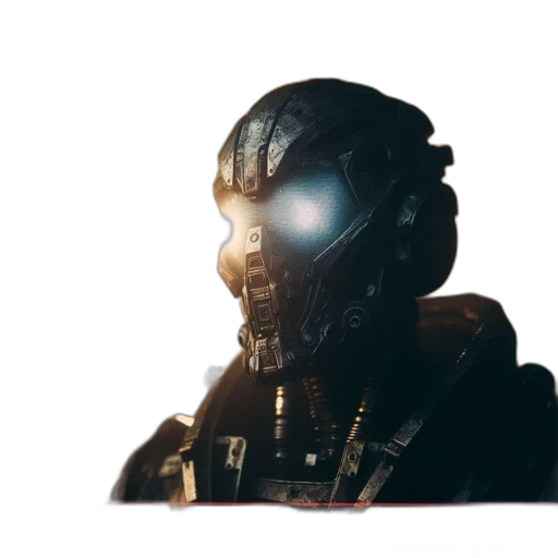 robot, face, mask, weapon, concept art, 3d render, cyberpunk, pixel art transparent PNG cut-out