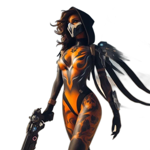 weapon, staff, robot, mask, concept art, fantasy art, comic book art, cyberpunk transparent PNG cut-out