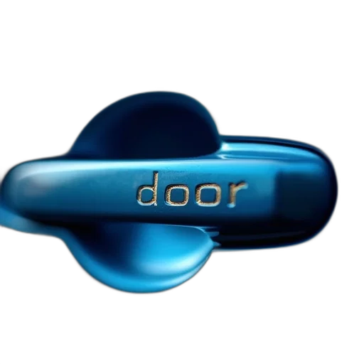 3d render, close-up, blue, car, door, handle, word, engraved transparent PNG cut-out