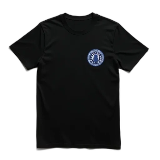 black, t-shirt, small, circular, blue, white, embroidered, patch transparent PNG cut-out