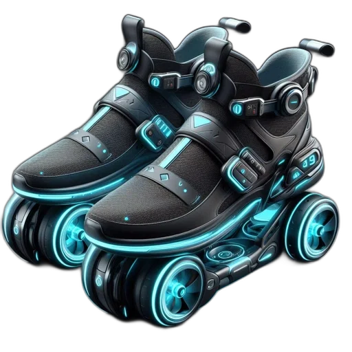 shoes, robot, cyberpunk, 3d render, concept art, vaporwave, futuristic, wheels transparent PNG cut-out