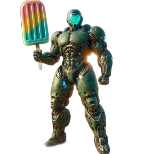 robot, weapon, food, vaporwave, concept art, 3d render, blue, colorful transparent PNG cut-out