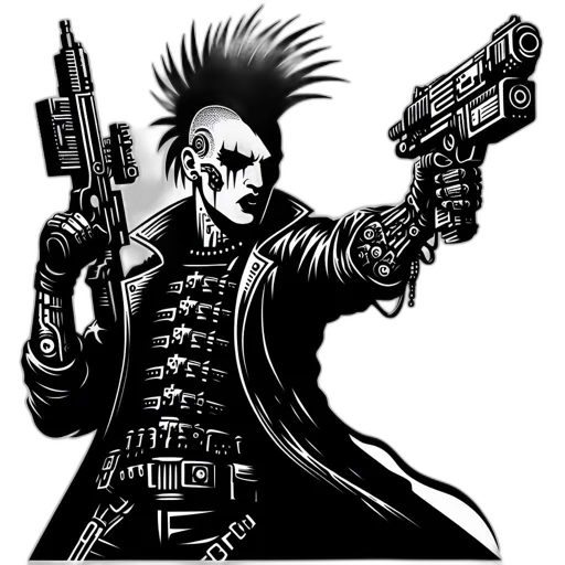 weapon, jacket, cyberpunk, comic book art, concept art, cartoon, character, mohawk transparent PNG cut-out