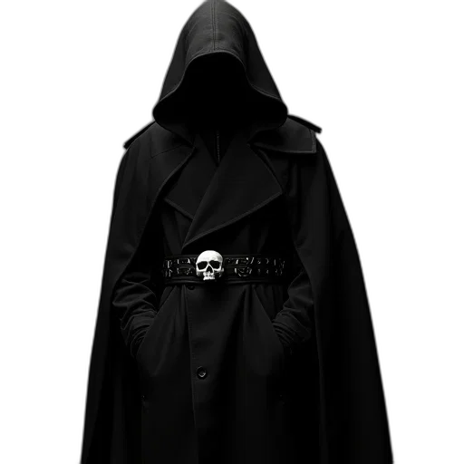 jacket, staff, mask, umbrella, concept art, cyberpunk, 3d render, dark transparent PNG cut-out