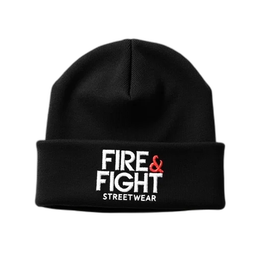 hat, fire, black, beanie, logo, reads, fight, streetwear transparent PNG cut-out