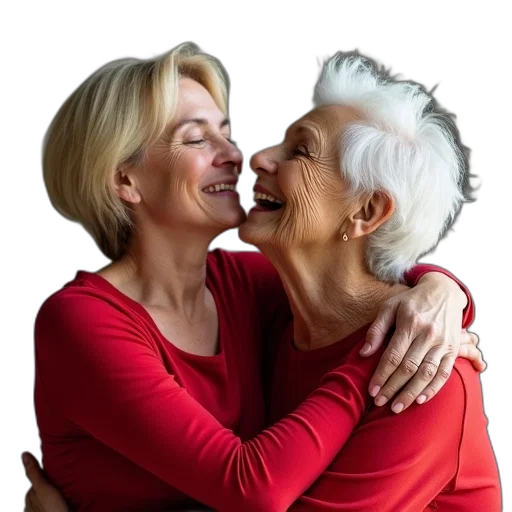 face, jewelry, woman, short, blonde, hair, hugging, elderly transparent PNG cut-out