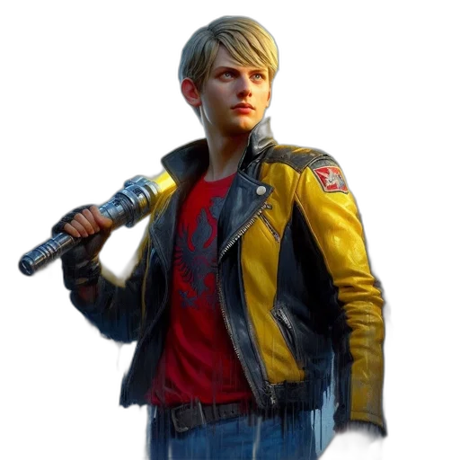 jacket, weapon, staff, face, concept art, cyberpunk, 3d render, photorealistic transparent PNG cut-out