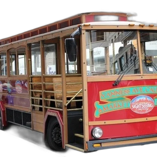 3d render, concept art, photorealistic, red, sightseeing, bus, wooden, accents transparent PNG cut-out