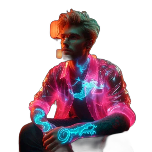 jacket, face, robot, hair, cyberpunk, vaporwave, concept art, pixel art transparent PNG cut-out