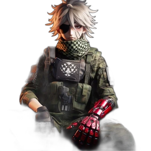 weapon, jacket, mask, staff, concept art, pixel art, fantasy art, photorealistic transparent PNG cut-out