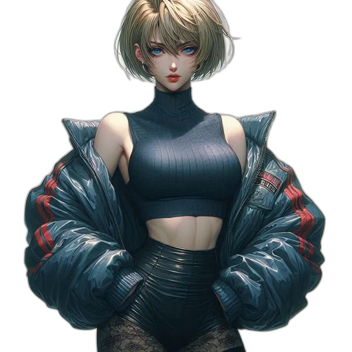 jacket, robot, dress, weapon, cyberpunk, concept art, comic book art, fantasy art transparent PNG cut-out