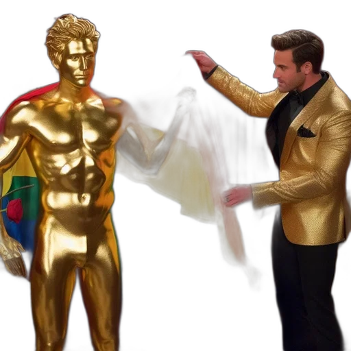 golden, man, suit, holds, large, statue, draped, rainbow transparent PNG cut-out