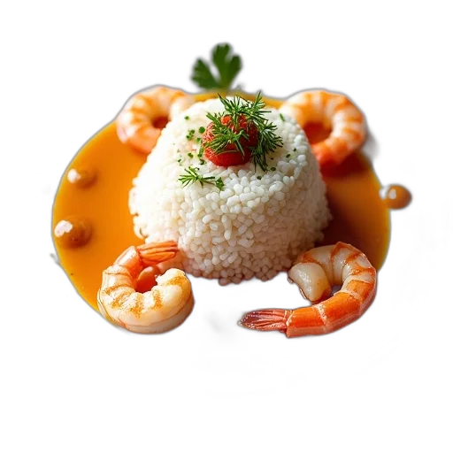 food, 3d render, photorealistic, plate, seafood, mound, rice, center transparent PNG cut-out