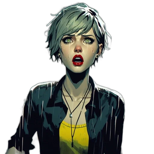 face, jacket, comic book art, concept art, cyberpunk, cartoon, neon lights, dark transparent PNG cut-out