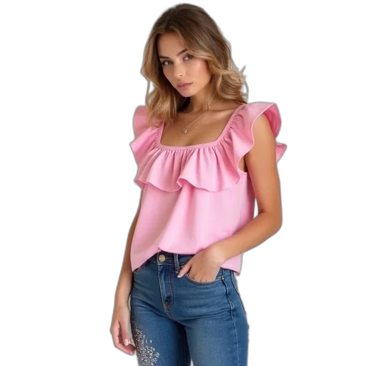 dress, woman, wearing, pink, top, ruffled, neckline, pair transparent PNG cut-out