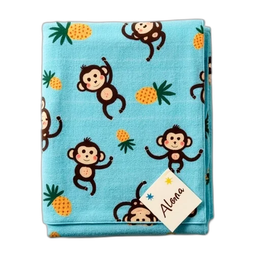 blue, towel, pattern, cartoon, monkeys, tropical, elements, including transparent PNG cut-out