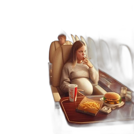 food, photorealistic, concept art, 3d render, inside, private, jet, man transparent PNG cut-out