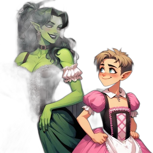 dress, concept art, fantasy art, comic book art, cartoon, green, two, female transparent PNG cut-out