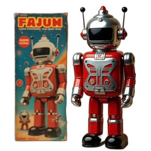 robot, concept art, outer space, vintage-style, toy, shiny, red, silver transparent PNG cut-out