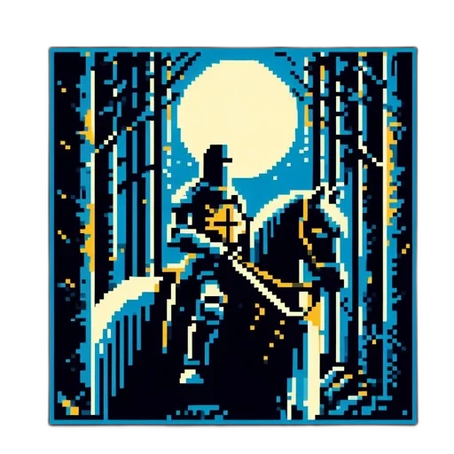sword, robot, pixel art, comic book art, concept art, fantasy art, night, forest transparent PNG cut-out