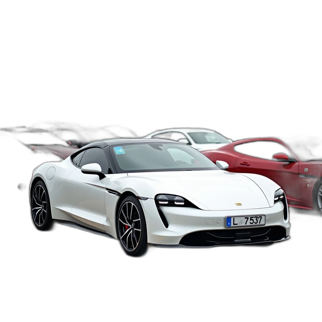car, 3d render, photorealistic, concept art, white, parked, lot, red transparent PNG cut-out