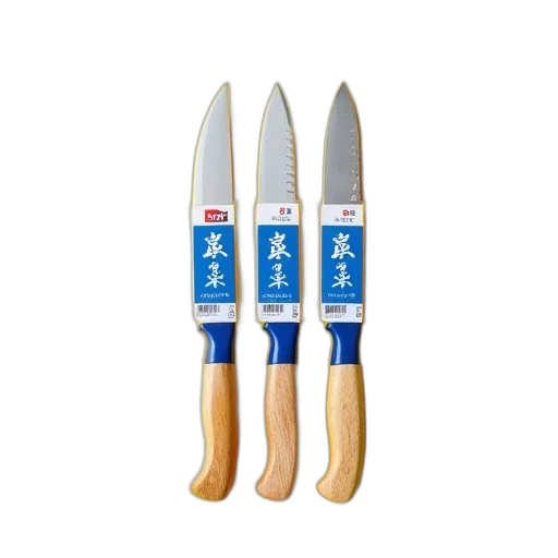set, three, wooden-handled, knives, blue, yellow, plastic, handles transparent PNG cut-out