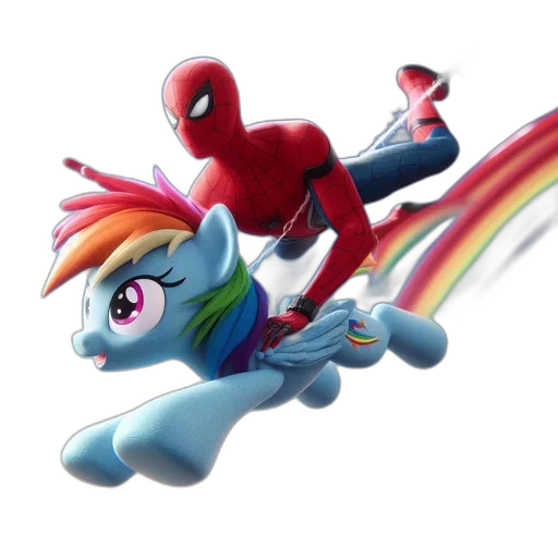concept art, comic book art, 3d render, unicorn, spider-man, collaborate, flight, suspended transparent PNG cut-out