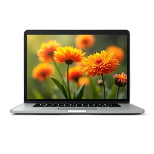 flower, staff, 3d render, photorealistic, silver, laptop, open, white transparent PNG cut-out