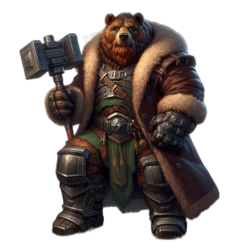 staff, animal, fantasy art, concept art, pixel art, armored, anthropomorphic, bear transparent PNG cut-out
