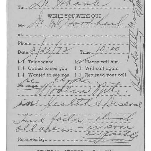 handwritten, note, 1972, mentions, call, see, goodhart, includes transparent PNG cut-out
