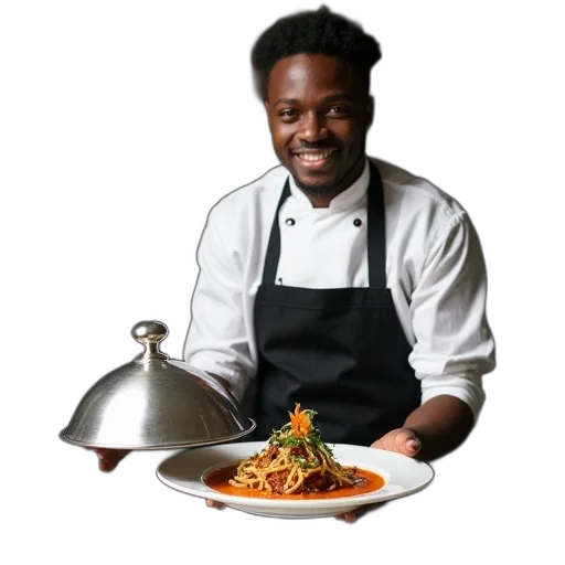 staff, food, young, african, chef, holding, clochet, serving transparent PNG cut-out