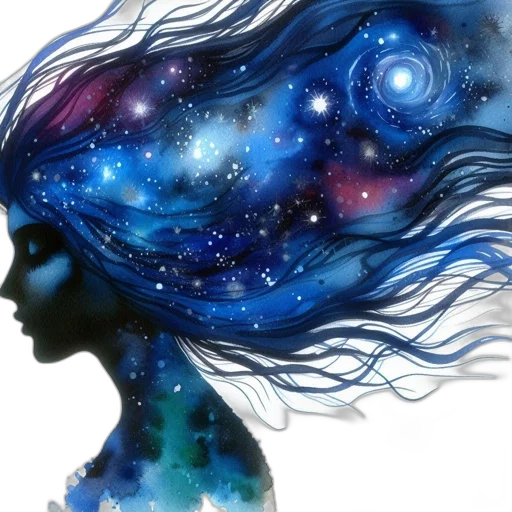 crown, hair, fantasy art, concept art, watercolor, photorealistic, outer space, blue transparent PNG cut-out