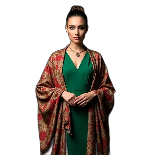 dress, jewelry, earth tones, green, woman, decorative, red, gold transparent PNG cut-out