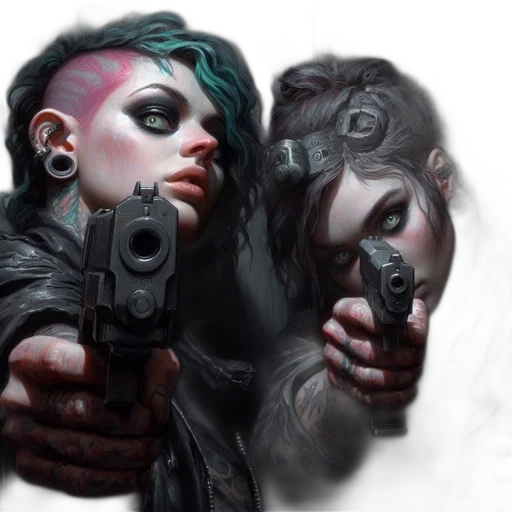 weapon, cyberpunk, concept art, comic book art, photorealistic, dark, two, intensely-styled transparent PNG cut-out
